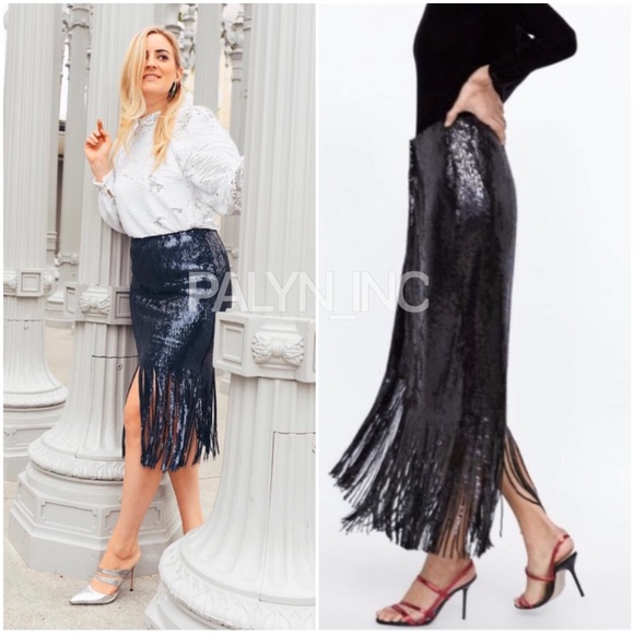 ❤️NWT ZARA SEQUIN SKIRT FRINGED ELASTIC WAIST - Picture 4 of 8